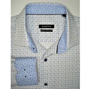 BUGATCHI White, Blue, Black Checked Geometric Stretch Poplin Shirt
